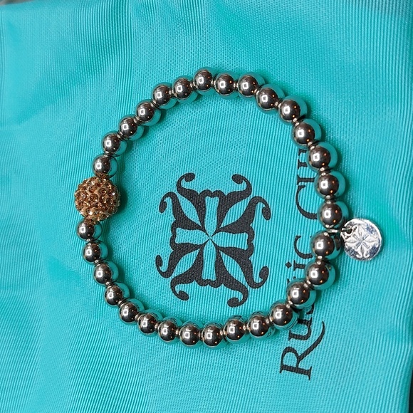 Rustic Cuff Peach Shamballa Bead Accent With Silver Tone Beaded Stretch Bracelet - Picture 2 of 4